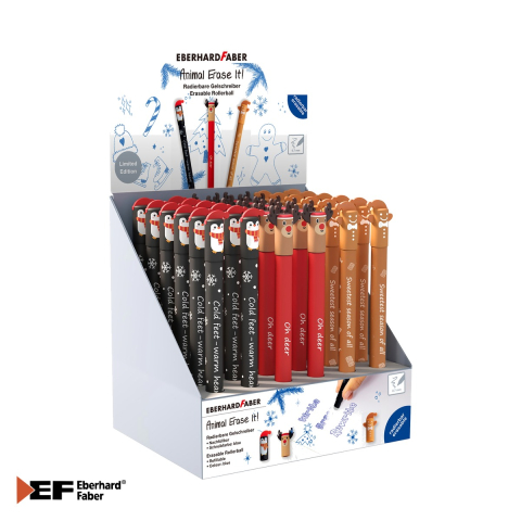 Birotica papetarie - Display 36 rollere erasable 0.7 mm Eberhard Faber, cerneala albastra termosensibila, editie speciala de iarna 2025