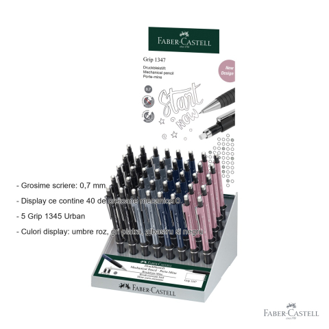 Display 40 creioane mecanice Faber-Castell Grip 1347 Urban 0.7 mm, zone grip cauciucate, pentru birou si scoala [1]