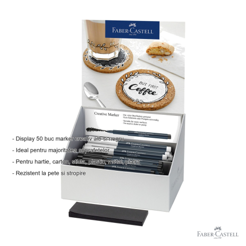 Display 50 bucati marker creativ alb si negru Faber-Castell, varf 1.5 mm, pentru multiple suprafete [1]