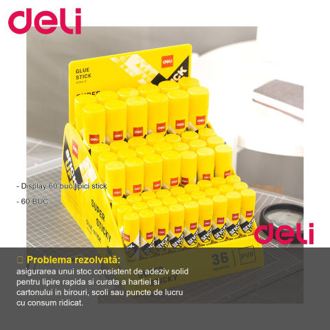 Display 60 bucati lipici stick Deli, adeziv solid pentru birou si scoala [1]