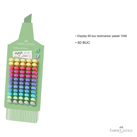 Display 60 bucati textmarkere pastel Faber-Castell 1546, culori delicate, pentru birou si scoala [2]