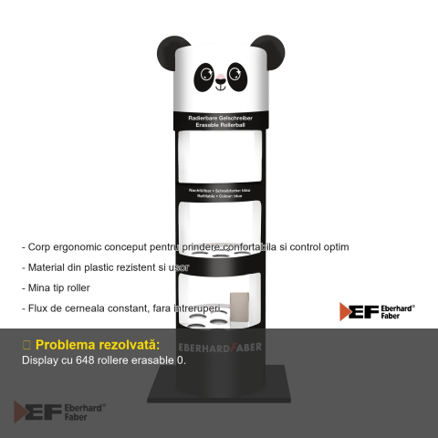 Display 648 rollere erasable 0.7mm Eberhard Faber Panda, cerneala termosensibila, albastru, pentru scoala si birou [1]