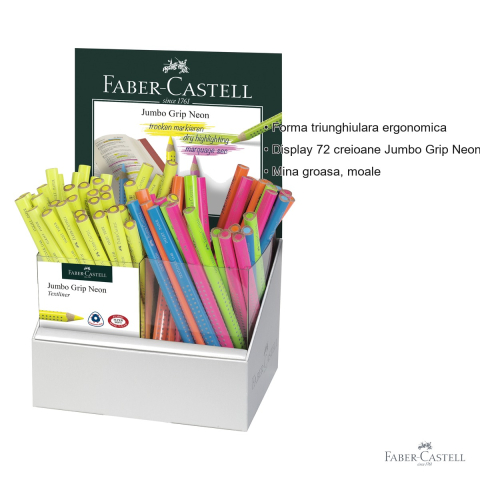 Display 72 creioane colorate neon Jumbo Grip Faber-Castell, mina groasa fluorescenta, forma triunghiulara ergonomica [2]