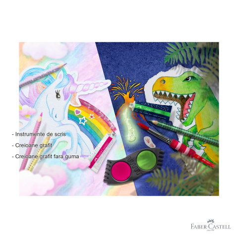 Display concept unicorni si dinozauri Faber-Castell 2024, set creioane colorate, acuarele si pensule, pentru copii [1]