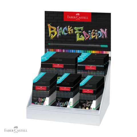 Produse EmagMarketplace - Display creioane colorate Faber-Castell Black Edition 2024, mina moale, set mixt pastel, neon, metalic, tonuri piele