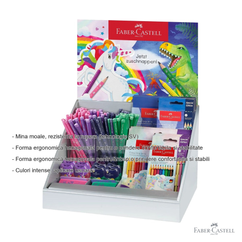 Display creioane Faber-Castell, motive unicorni si dinozauri, set complet pentru copii [1]