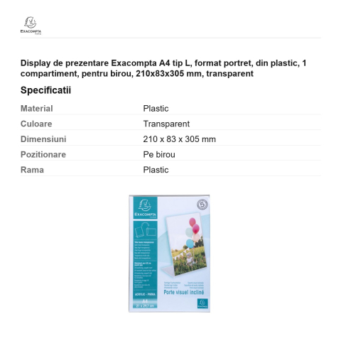 Display de prezentare Exacompta A4 tip L, format portret, din plastic, 1 compartiment, pentru birou, 210x83x305 mm, transparent [2]