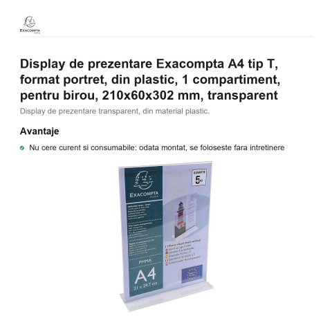 Display de prezentare Exacompta A4 tip T, format portret, din plastic, 1 compartiment, pentru birou, 210x60x302 mm, transparent [1]