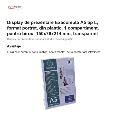 Display de prezentare Exacompta A5 tip L, format portret, din plastic, 1 compartiment, pentru birou, 150x76x214 mm, transparent [1]