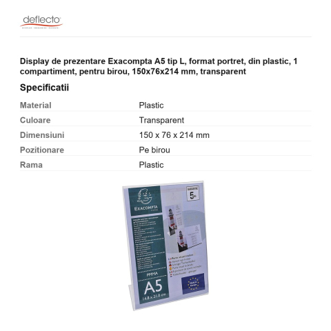 Display de prezentare Exacompta A5 tip L, format portret, din plastic, 1 compartiment, pentru birou, 150x76x214 mm, transparent [2]