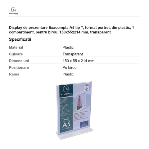 Display de prezentare Exacompta A5 tip T, format portret, din plastic, 1 compartiment, pentru birou, 150x55x214 mm, transparent [2]