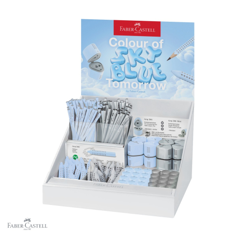 Creioane si ascutitori - Display set complet Faber-Castell Grip 2001 Sky Blue - creioane grafit, ascutitori si radiere, pentru scoala si birou
