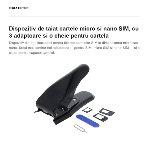 Dispozitiv de taiat cartele micro si nano SIM, cu 3 adaptoare si o cheie pentru cartela [1]