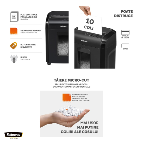 Distrugator de documente Fellowes 10M, taiere micro-cut P-5 in particule de 2x12 mm, 10 coli, cos de 19 l, SafetyLock, pentru biroul de acasa, 500x345x250 mm [3]