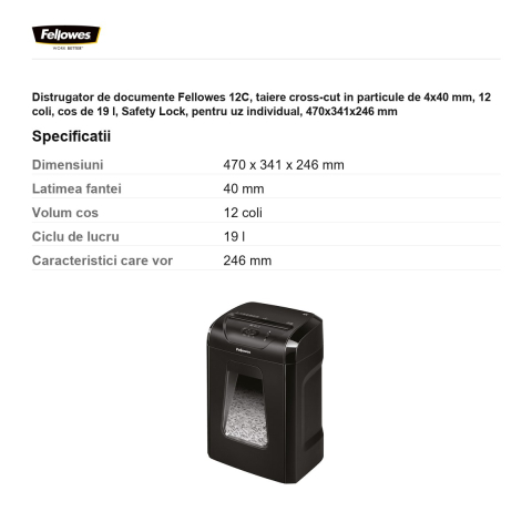 Distrugator de documente Fellowes 12C, taiere cross-cut in particule de 4x40 mm, 12 coli, cos de 19 l, Safety Lock, pentru uz individual, 470x341x246 mm [2]
