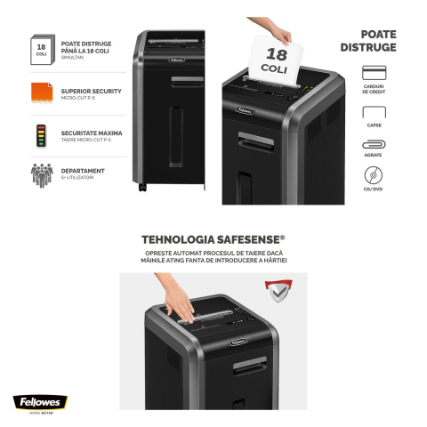 Distrugator de documente Fellowes 225Mi, taiere micro-cut P-5 in particule de 2x12 mm, 16 coli, cos de 60 l, functionare continua, pentru peste 5 utilizatori, 785x454x435 mm [3]