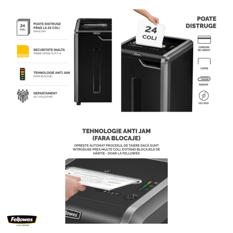 Distrugator de documente Fellowes 325Ci, taiere cross-cut P-4 in particule de 4x38 mm, 22-24 coli, cos de 83 l, functionare continua, pentru peste 10 utilizatori, 880x510x460 mm [3]