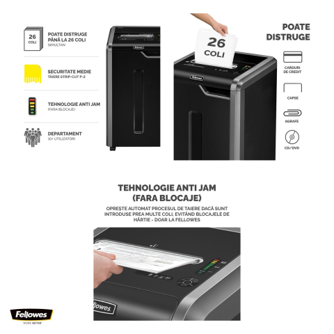 Distrugator de documente Fellowes 325i, taiere strip-cut P-2 in fasii de 5.8 mm, 24-26 coli, cos de 83 l, functionare continua, pentru peste 10 utilizatori, 885x507x455 mm [3]