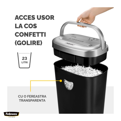 Distrugator de documente Fellowes 53C, taiere cross-cut in particule de 4x35 mm, 10 coli, cos de 23 l, pentru un birou mic, 1 utilizator, 400x338x196 mm [4]