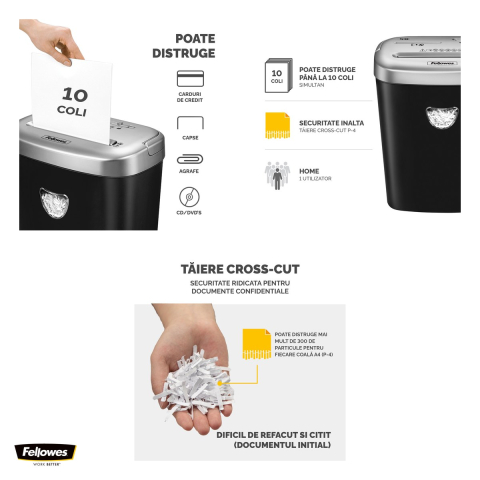 Distrugator de documente Fellowes 53C, taiere cross-cut in particule de 4x35 mm, 10 coli, cos de 23 l, pentru un birou mic, 1 utilizator, 400x338x196 mm [3]