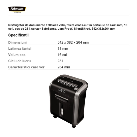 Distrugator de documente Fellowes 79Ci, taiere cross-cut in particule de 4x38 mm, 16 coli, cos de 23 l, senzor SafeSense, Jam Proof, SilentShred, 542x382x264 mm [2]