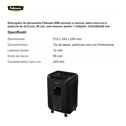 Distrugator de documente Fellowes 90M automat si manual, taiere mini-cut in particule de 4x12 mm, 90 coli, auto-reverse, pentru 1 utilizator, 515x340x245 mm [2]