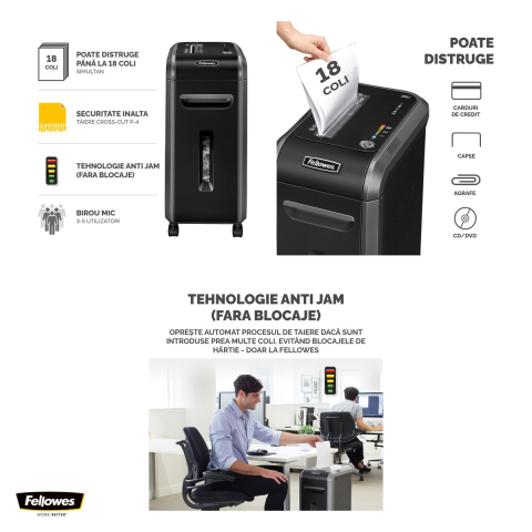 Distrugator de documente Fellowes 99Ci, taiere cross-cut P-4 in particule de 4x38 mm, 18 coli, cos de 34 l, Jam Proof, SilentShred, pentru 3-5 utilizatori, 640x290x440 mm [3]