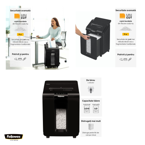 Distrugator de documente Fellowes AutoMax 100M automat, taiere cross-cut tip mini-cut P-4 in particule de 4x10 mm, 100 coli automat si 10 manual, cos de 23 l, pentru 1 utilizator, 673x384x365 mm [3]