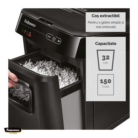 Distrugator de documente Fellowes AutoMax 150C automat, taiere cross-cut in particule de 4x38 mm, 150 coli automat si 8 manual, cos de 32 l, pentru 1-3 utilizatori, 542x346x507 mm [4]