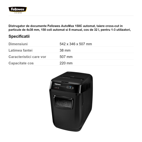 Distrugator de documente Fellowes AutoMax 150C automat, taiere cross-cut in particule de 4x38 mm, 150 coli automat si 8 manual, cos de 32 l, pentru 1-3 utilizatori, 542x346x507 mm [2]