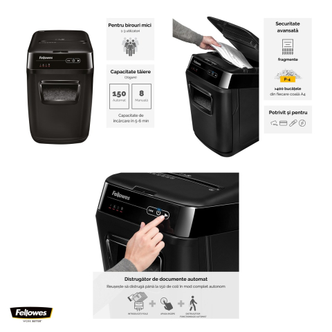 Distrugator de documente Fellowes AutoMax 150C automat, taiere cross-cut in particule de 4x38 mm, 150 coli automat si 8 manual, cos de 32 l, pentru 1-3 utilizatori, 542x346x507 mm [3]