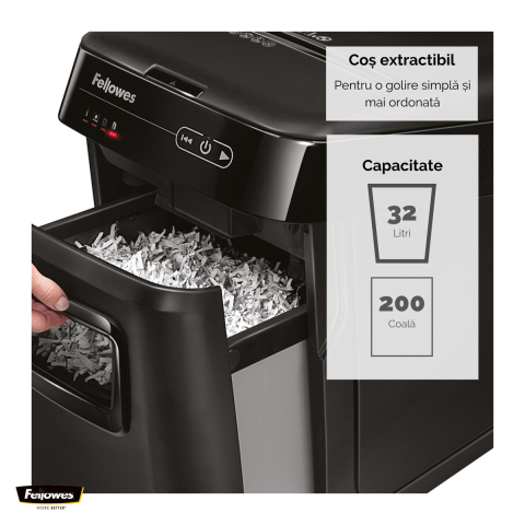 Distrugator de documente Fellowes AutoMax 200C automat, taiere cross-cut P-4 in particule de 4x38 mm, 200 coli automat si 10 manual, cos de 32 l, pentru 3-5 utilizatori, 563x346x507 mm [4]