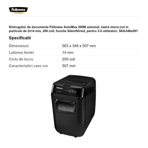 Distrugator de documente Fellowes AutoMax 200M automat, taiere micro-cut in particule de 2x14 mm, 200 coli, functie SilentShred, pentru 3-5 utilizatori, 563x346x507 mm [2]