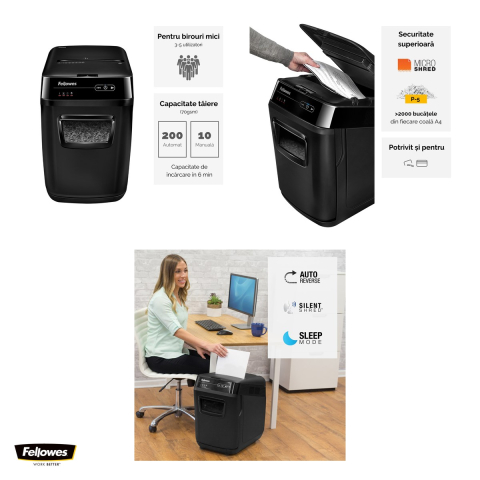 Distrugator de documente Fellowes AutoMax 200M automat, taiere micro-cut in particule de 2x14 mm, 200 coli, functie SilentShred, pentru 3-5 utilizatori, 563x346x507 mm [3]