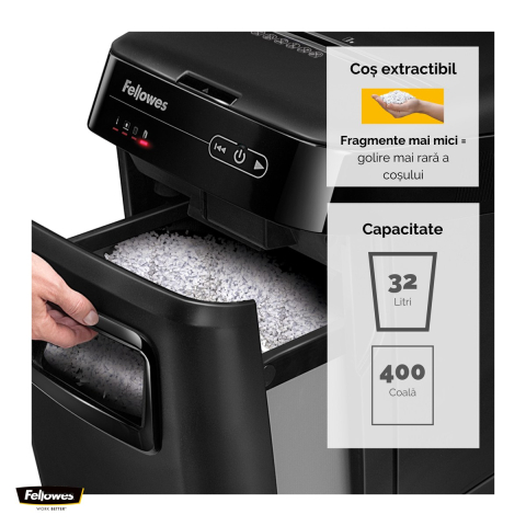 Distrugator de documente Fellowes AutoMax 200M automat, taiere micro-cut in particule de 2x14 mm, 200 coli, functie SilentShred, pentru 3-5 utilizatori, 563x346x507 mm [4]