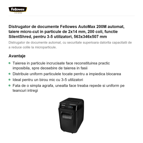 Distrugator de documente Fellowes AutoMax 200M automat, taiere micro-cut in particule de 2x14 mm, 200 coli, functie SilentShred, pentru 3-5 utilizatori, 563x346x507 mm [1]