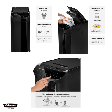 Distrugator de documente Fellowes AutoMax 550C automat, taiere cross-cut P-4 in particule de 4x38 mm, 550 coli automat si 14 manual, cos de 83 l, Smart Lock, peste 10 utilizatori, 890x441x578 mm [3]