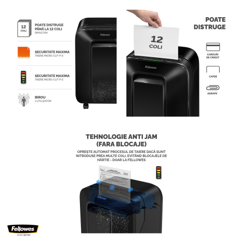 Distrugator de documente Fellowes LX201, taiere micro-cut P-5 in particule de 2x12 mm, 12 coli, cos de 22 l, Jam Proof, SafeSense, pentru acasa sau birou mic, 525x368x260 mm, negru [3]