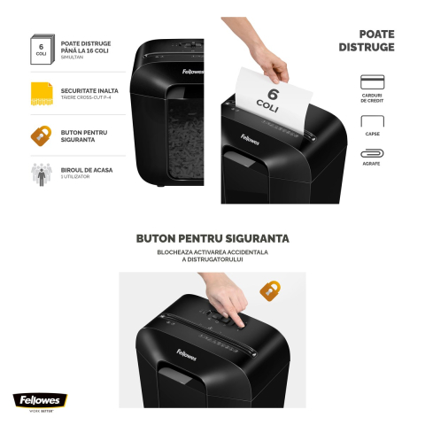 Distrugator de documente Fellowes LX25, taiere cross-cut P-4 in particule de 4x37 mm, 6 coli, cos de 11.5 l, distruge agrafe, capse si carduri, 361x310x220 mm [3]