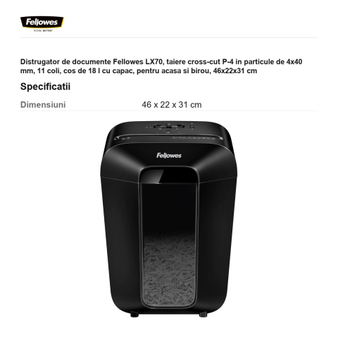 Distrugator de documente Fellowes LX70, taiere cross-cut P-4 in particule de 4x40 mm, 11 coli, cos de 18 l cu capac, pentru acasa si birou, 46x22x31 cm [2]