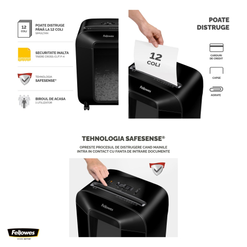 Distrugator de documente Fellowes LX85, taiere cross-cut P-4 in particule de 4x40 mm, 12 coli, cos de 19 l, senzor SafeSense, pentru acasa sau birou mic, 470x341x266 mm [3]