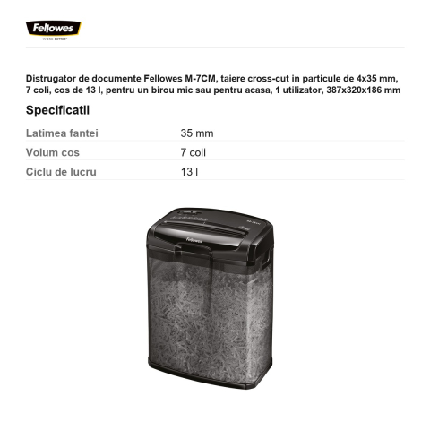 Distrugator de documente Fellowes M-7CM, taiere cross-cut in particule de 4x35 mm, 7 coli, cos de 13 l, pentru un birou mic sau pentru acasa, 1 utilizator, 387x320x186 mm [2]