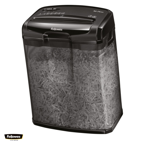 Distrugatoare documente si accesorii - Distrugator de documente Fellowes M-7CM, taiere cross-cut in particule de 4x35 mm, 7 coli, cos de 13 l, pentru un birou mic sau pentru acasa, 1 utilizator, 387x320x186 mm