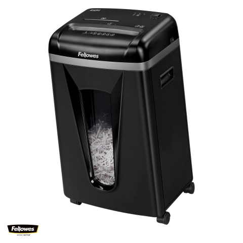 Distrugatoare documente si accesorii - Distrugator de documente Fellowes MS-450, taiere micro-cut P-5 in particule de 2x12 mm, 9 coli, cos de 22 l, auto-reverse, SilentShred, pentru 1-3 utilizatori, 384x305x200 mm