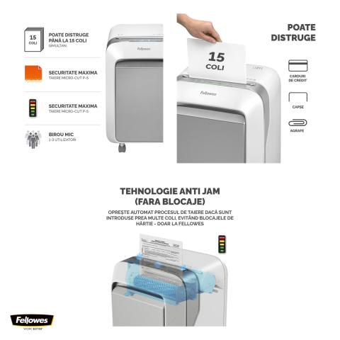 Distrugator de documente Fellowes Powershred LX211, taiere micro-cut P-5 in particule de 2x12 mm, 15 coli, cos de 23 l, Jam Proof, pentru 1-3 utilizatori, 533x362x296 mm, alb [3]
