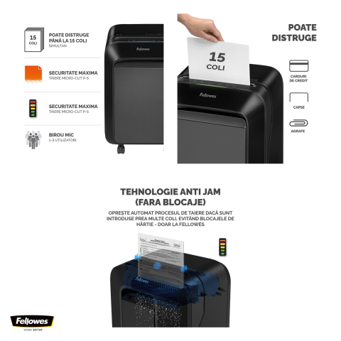 Distrugator de documente Fellowes Powershred LX211, taiere micro-cut P-5 in particule de 2x12 mm, 15 coli, cos de 23 l, Jam Proof, pentru 1-3 utilizatori, 533x362x296 mm, negru [3]