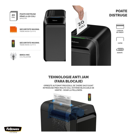 Distrugator de documente Fellowes Powershred LX221, taiere micro-cut P-5 in particule de 2x12 mm, 20 coli, cos de 30 l, Jam Proof, pentru 3-5 utilizatori, 590x419x299 mm, negru [3]
