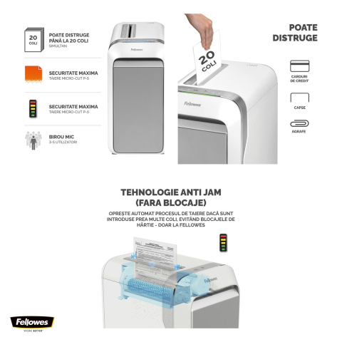Distrugator de documente Fellowes Powershred LX221, taiere micro-cut P-5 in particule de 2x12 mm, 20 coli, cos de 30 l, Jam Proof, pentru 3-5 utilizatori, 590x419x299 mm, alb [3]