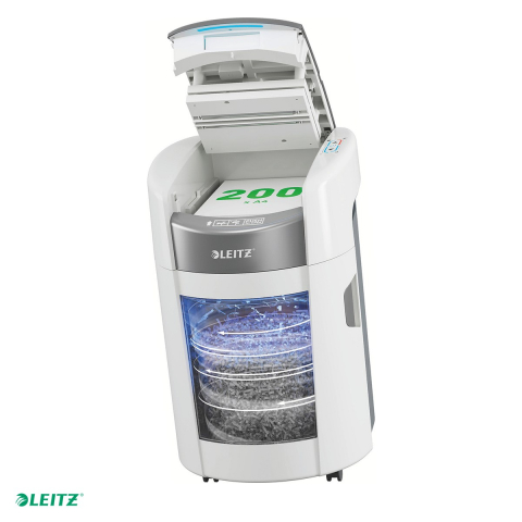 Distrugatoare documente si accesorii - Distrugator de documente Leitz IQ OptiMax Small Office automat, taiere cross-cut P-4, 200 coli automat si 8 manual, cos de 21 l cu iluminare LED, functionare continua 30 de minute