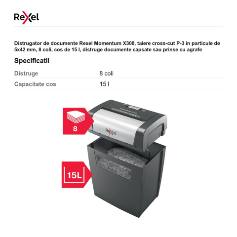 Distrugator de documente Rexel Momentum X308, taiere cross-cut P-3 in particule de 5x42 mm, 8 coli, cos de 15 l, distruge documente capsate sau prinse cu agrafe [2]